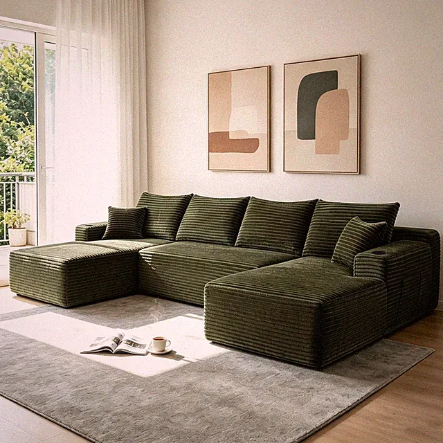 134" Cloud Sectional Sofa w/U-Shape Chaise and Side Pockets and Cup holder ,Mo