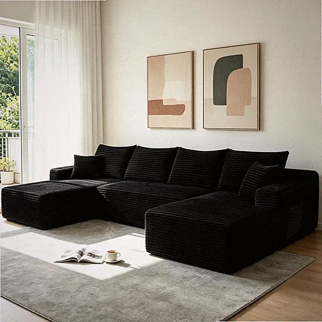 134" Cloud Sectional Sofa w/U-Shape Chaise and Side Pockets and Cup holder ,Mod