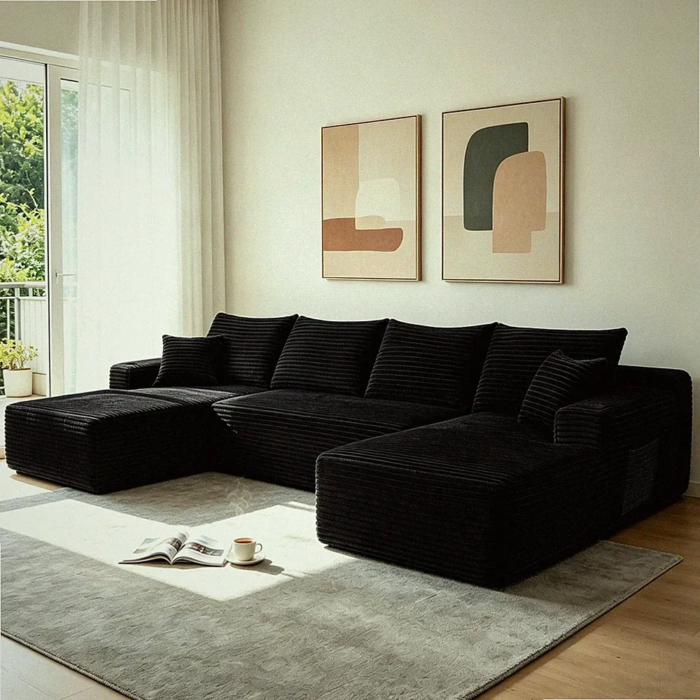 134" Cloud Sectional Sofa with U-Shape Chaise and Side Pockets and Cup