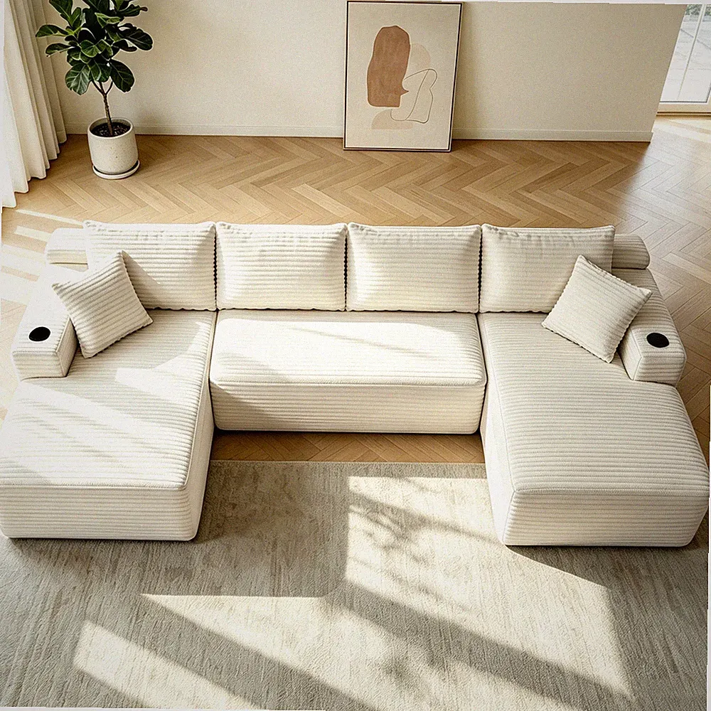 134" Cloud Sectional Sofa with U-Shape Chaise and Side Pockets and Cup holder