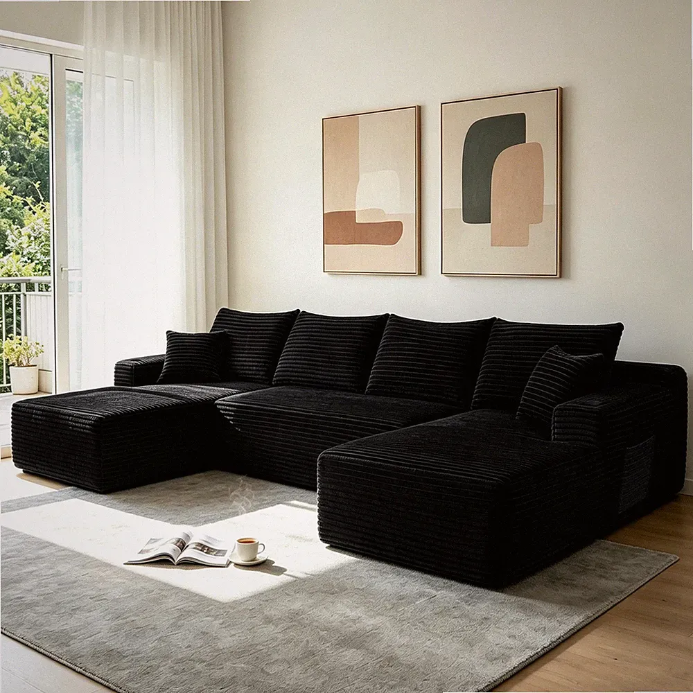134" Cloud Sectional Sofa with U-Shape Chaise, Black, No Assembly
