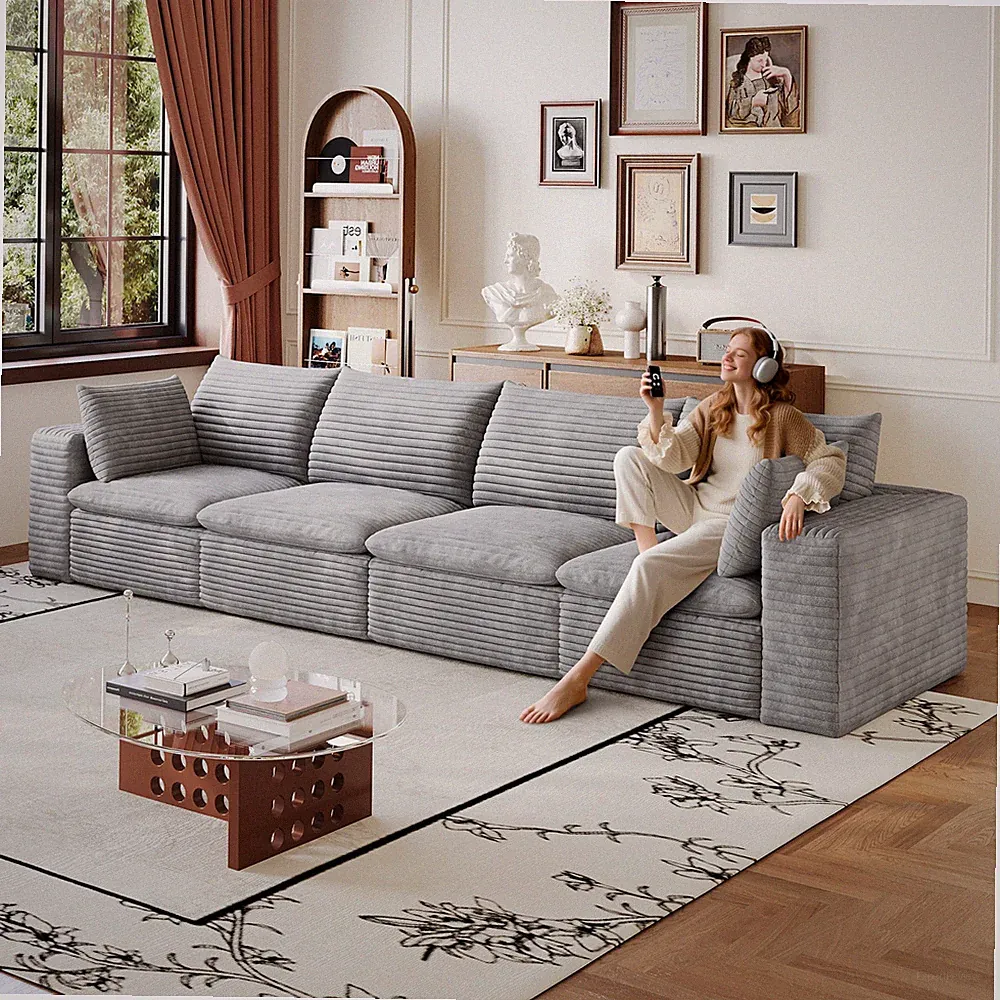 134" Cloud Sofa, Corduroy Fabric, Deep Seat, Modular, Removable Cushion, Grey