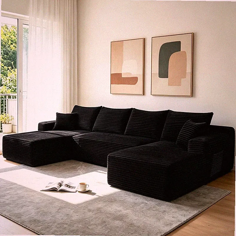 134 Inch Cloud Sectional Sofa U Shape Modular Chaise Corduroy Boneless Black