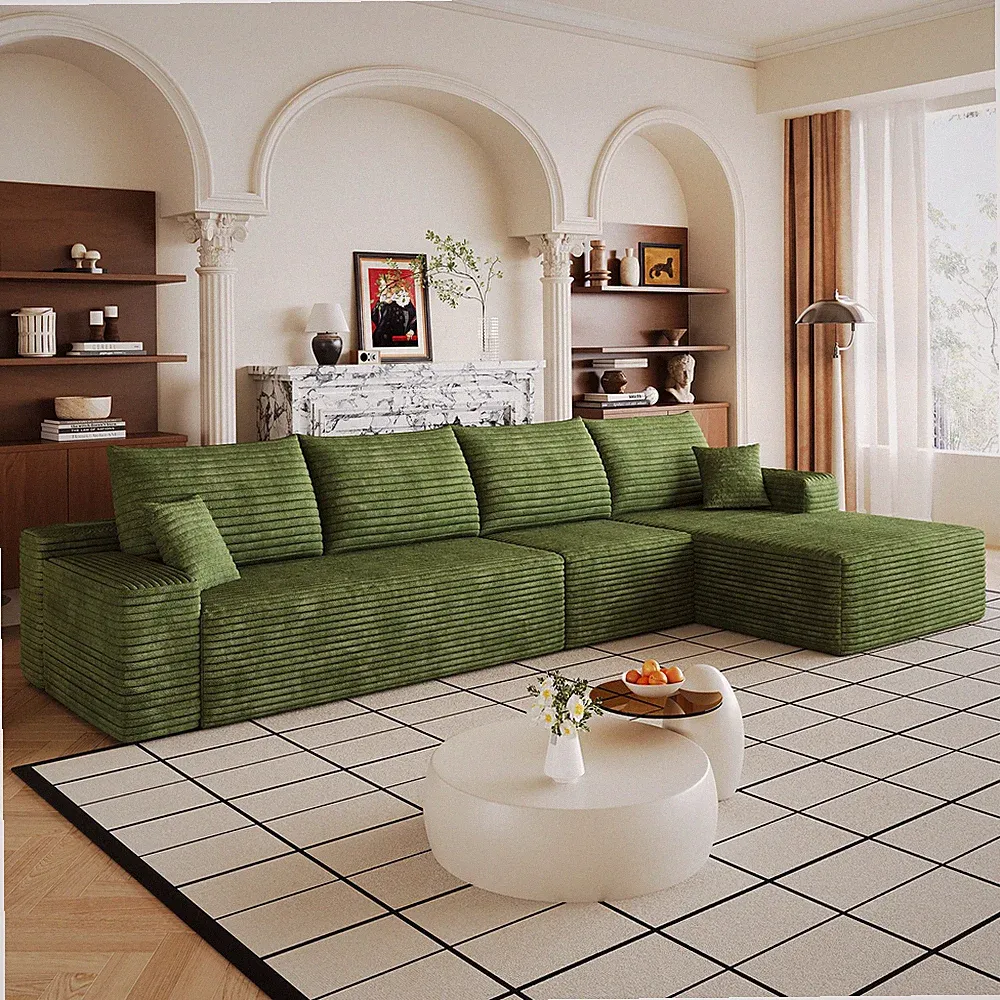 134" Modular Cloud Sectional Couch L-Shaped Plush Corduroy W/ Right Chaise Green
