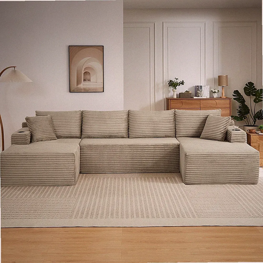 134" Modular Corduroy U-Shape Cloud Sectional Boneless Sofa with Cup Holders