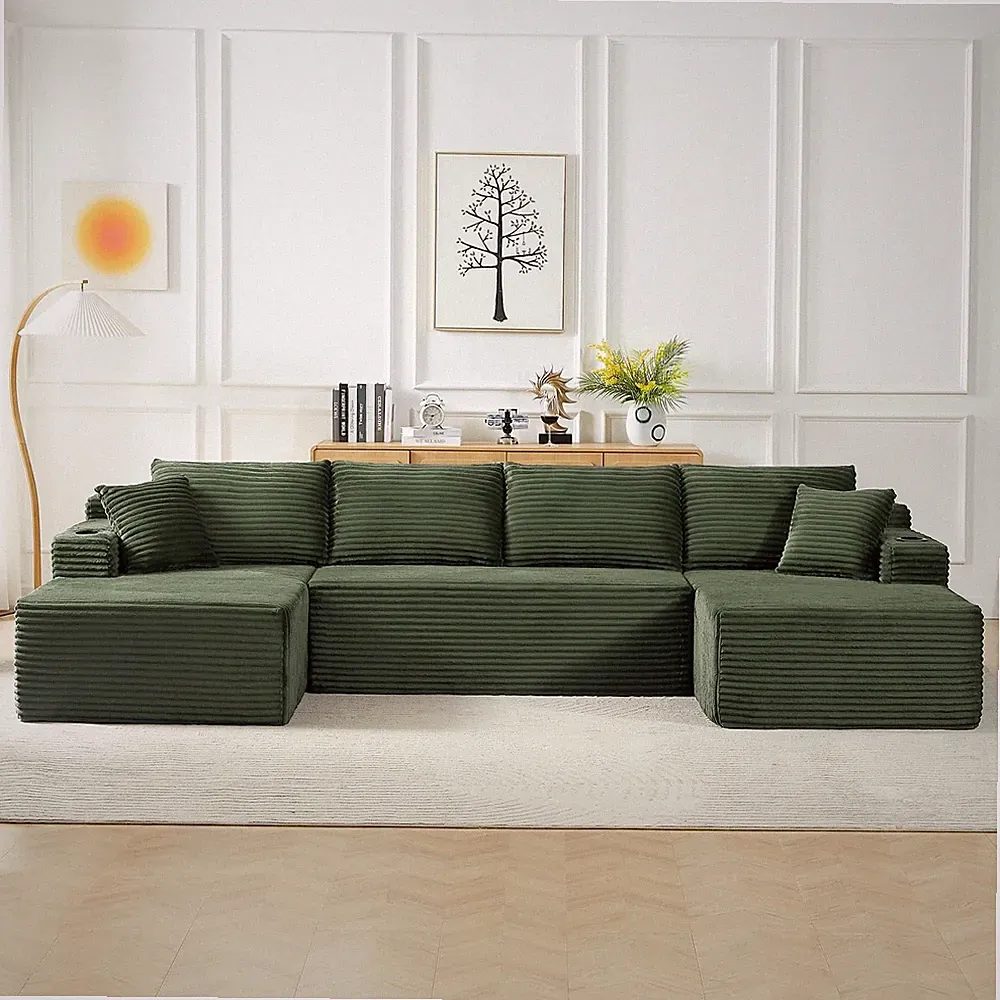 134" Modular Corduroy U-Shape Cloud Sectional Boneless Sofa with Cup Holders