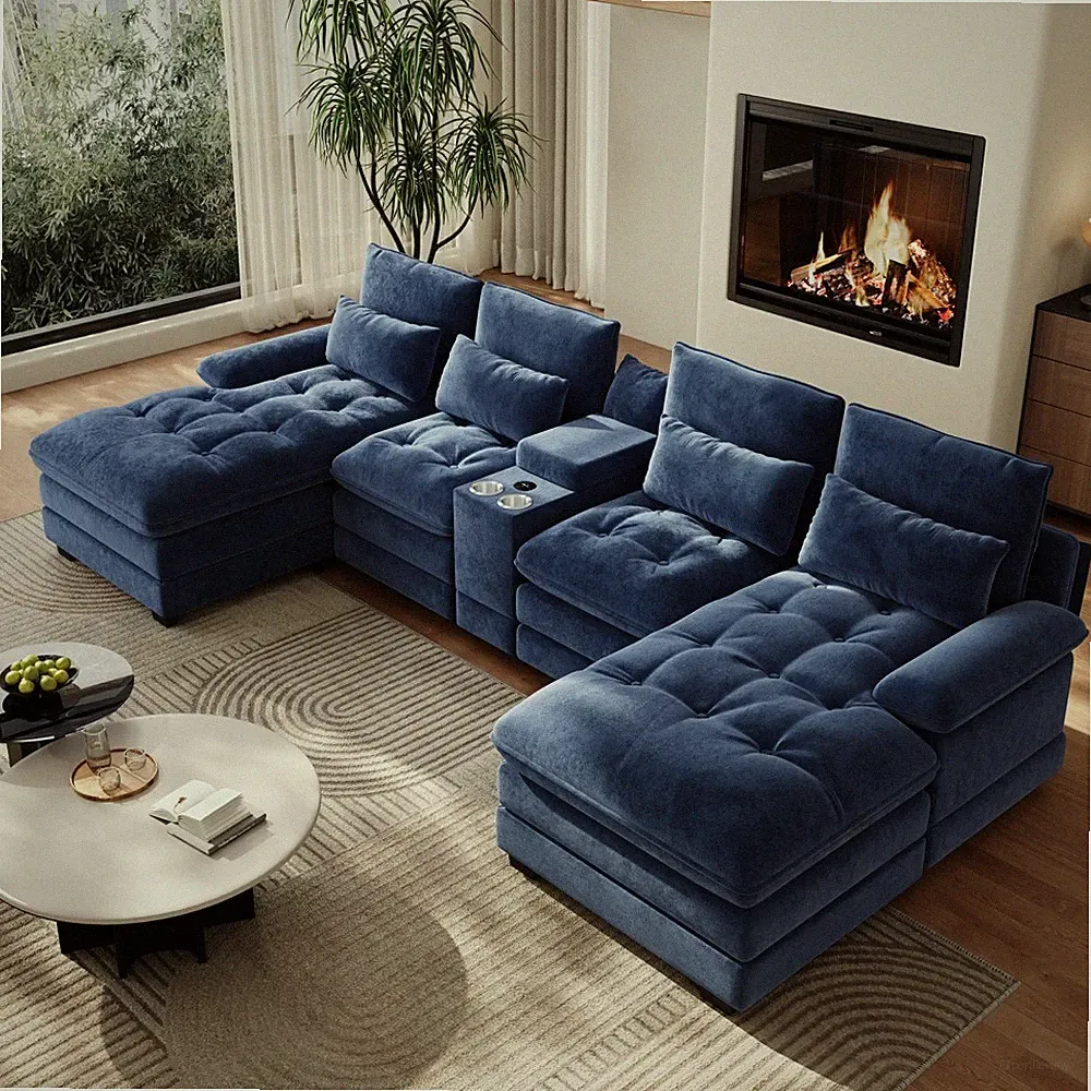 134" Modular Sectional Sofa Couch High Back Deep Seat w/ USB Storage Cup Holders