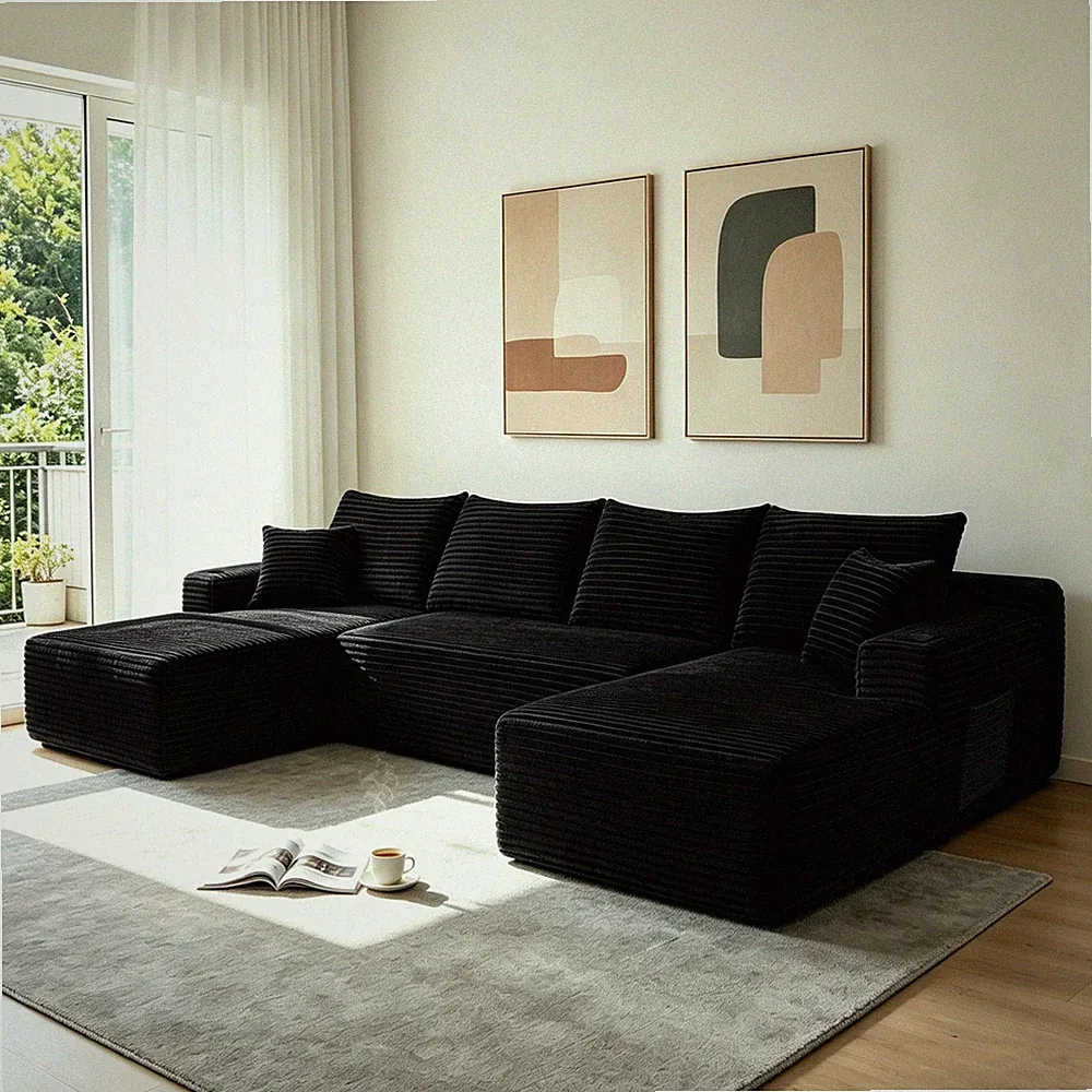 134" U-Shape Cloud Sectional Sofa with Chaise, Plush Corduroy, Black