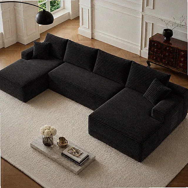 134" U-Shape Sectional Sofa with Chaise, Plush Corduroy Fabric, Black