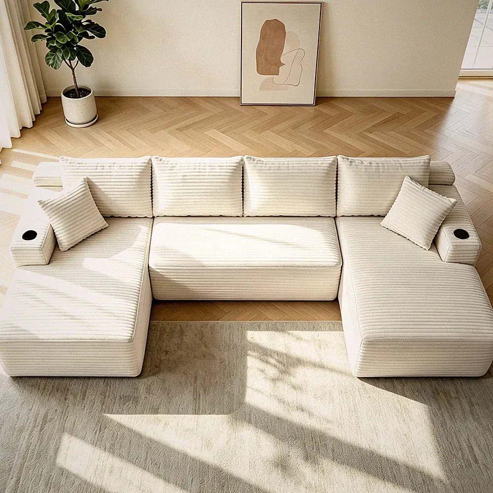 134" U-Shape Sectional Sofa with Chaise, Side Pockets & Cup Holder, Beige