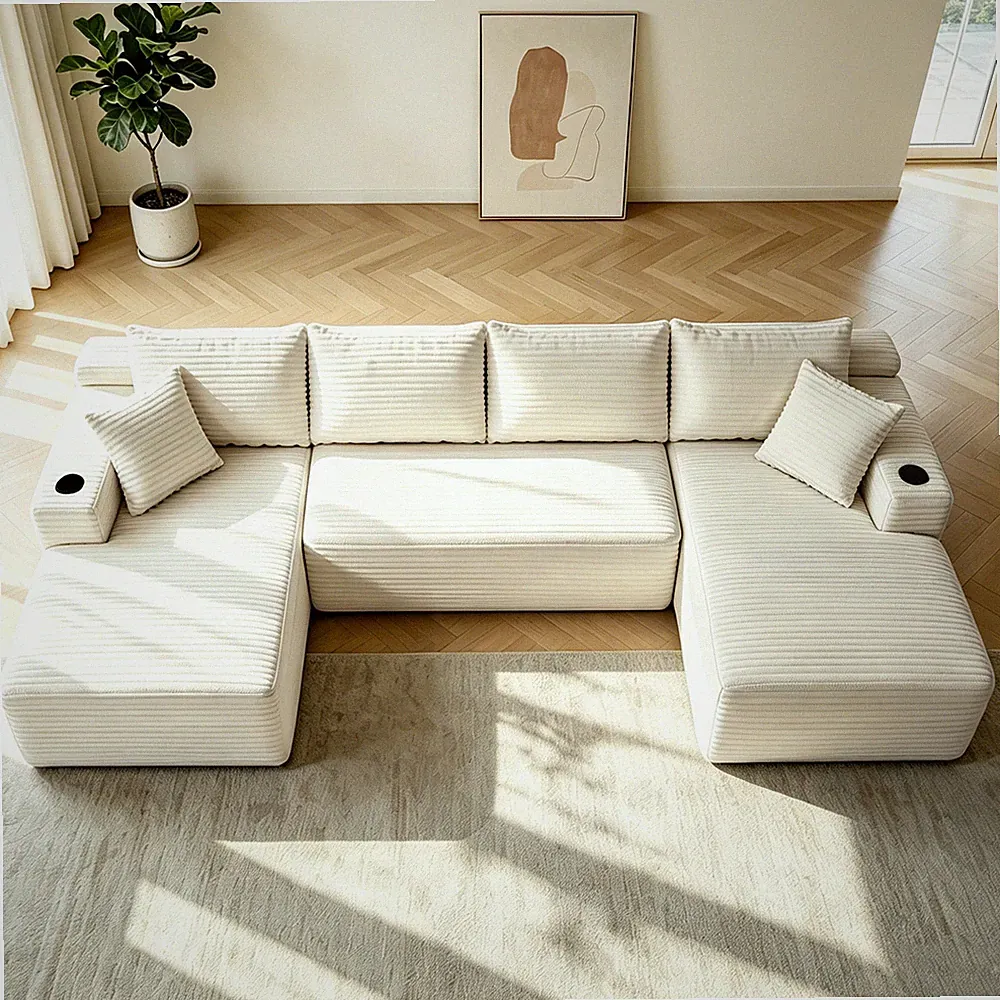 134" U-Shape Sectional Sofa with Chaise, Side Pockets & Cup Holder, Beige