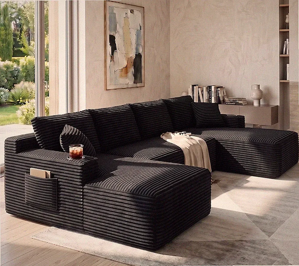 134" U Shaped Black Modular Sectional Sleeper Sofa Cloud Couch Inch Modular