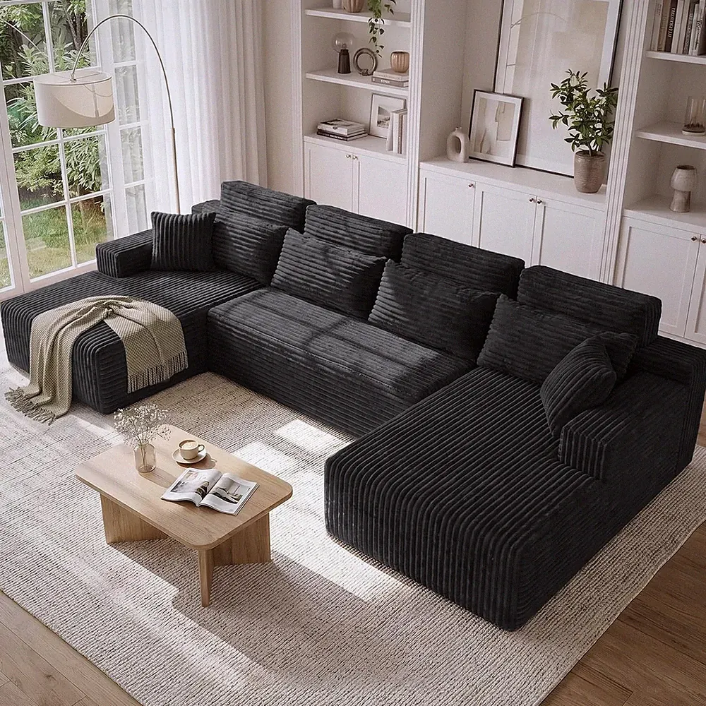 134" U Shaped Modular Sectional Sofa with Chaise Lounge Black Removable Cover