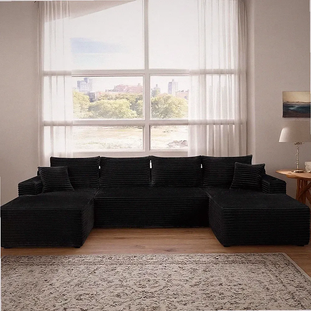 134" U-Shaped Modular Sofa with Cup Holders & Pockets - No Assembly, Black