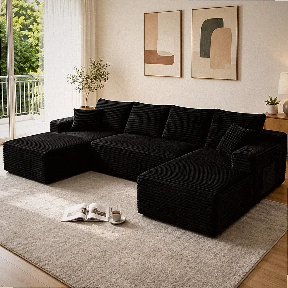 134" U Shaped Sectional Black Corduroy Sofa with 66.1" Deep Seats, U Shaped