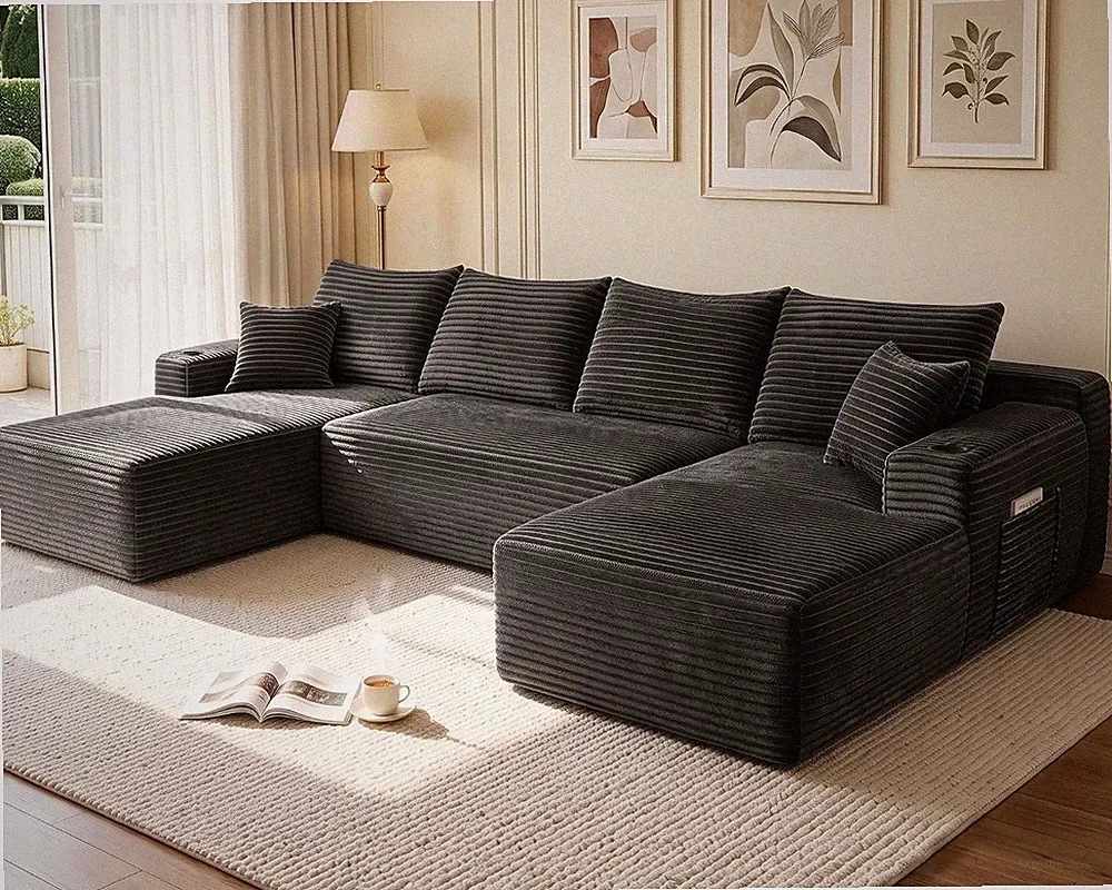 134" U Shaped Sectional Sofa with Double Chaise No Assembly Charcoal