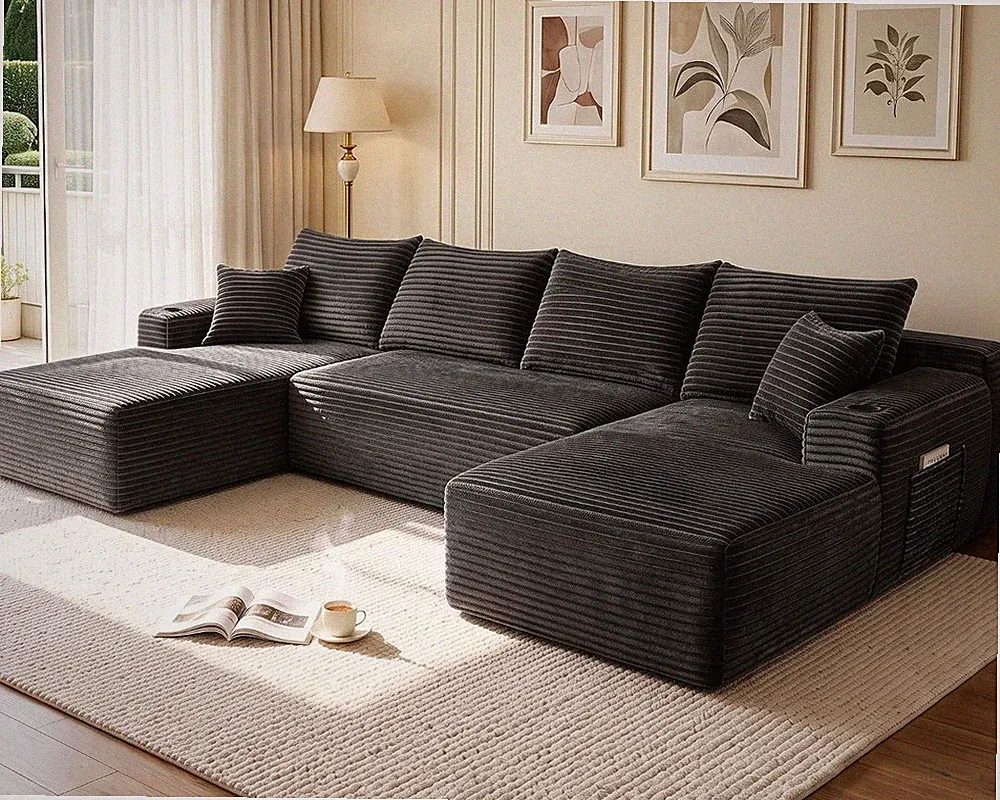 134" U Shaped Sectional Sofa with Double Chaise No Assembly Charcoal