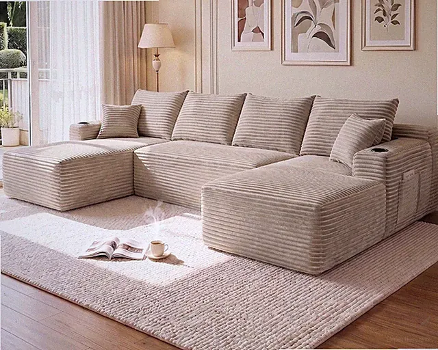134" U Shaped Sectional Sofa with Double Chaise No Assembly Coffee