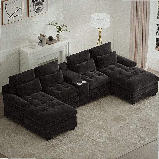 134" U Shaped Sectional Sofa with USB Console Cup Holders Storage Double Chaise