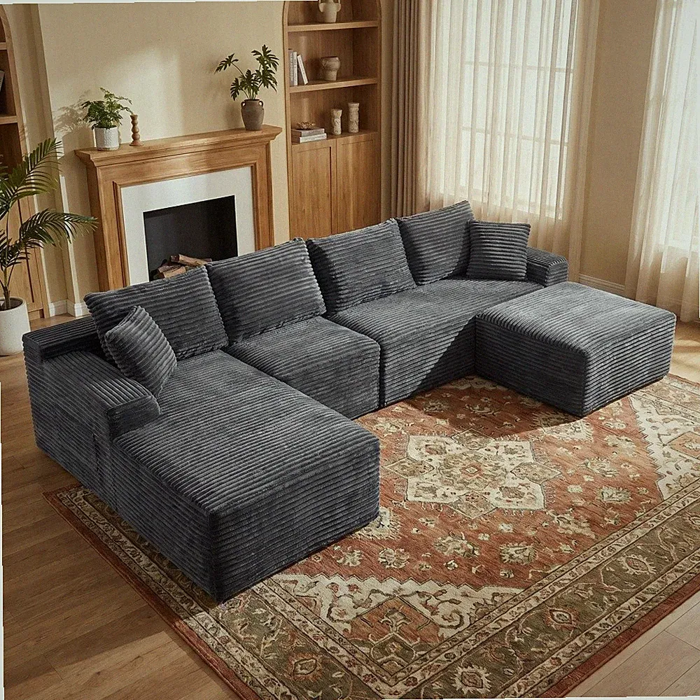135.4" Corduroy Sectional Sofa Left Chaise L-Shaped Couch Ottoman 2 Pillows