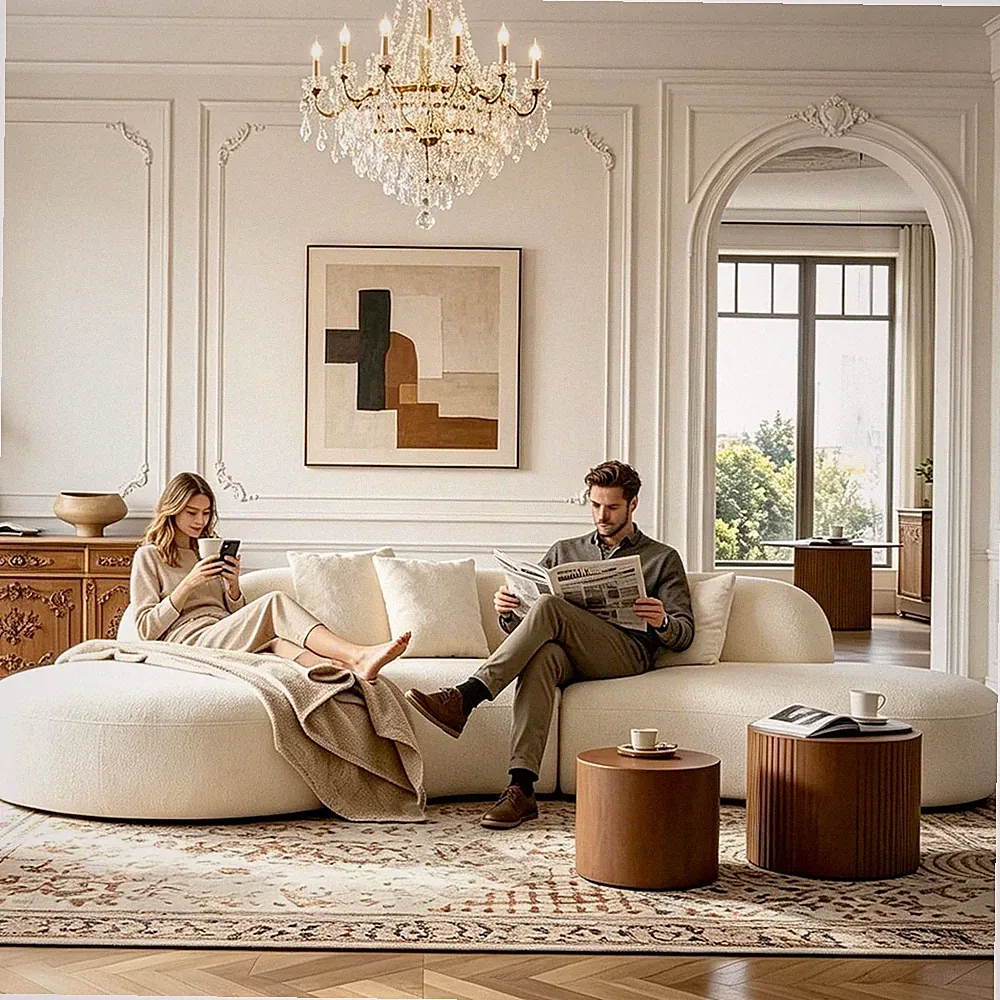 135.4" Luxury Curved Sofa, Modern Sectional Couch with 2 Pillows,6 Seater Boucle
