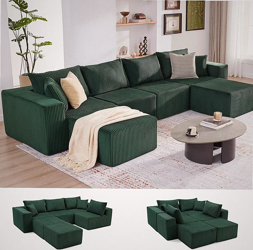 135.4" Modular Boneless Couch, Sectional Couches for Living Room, Green
