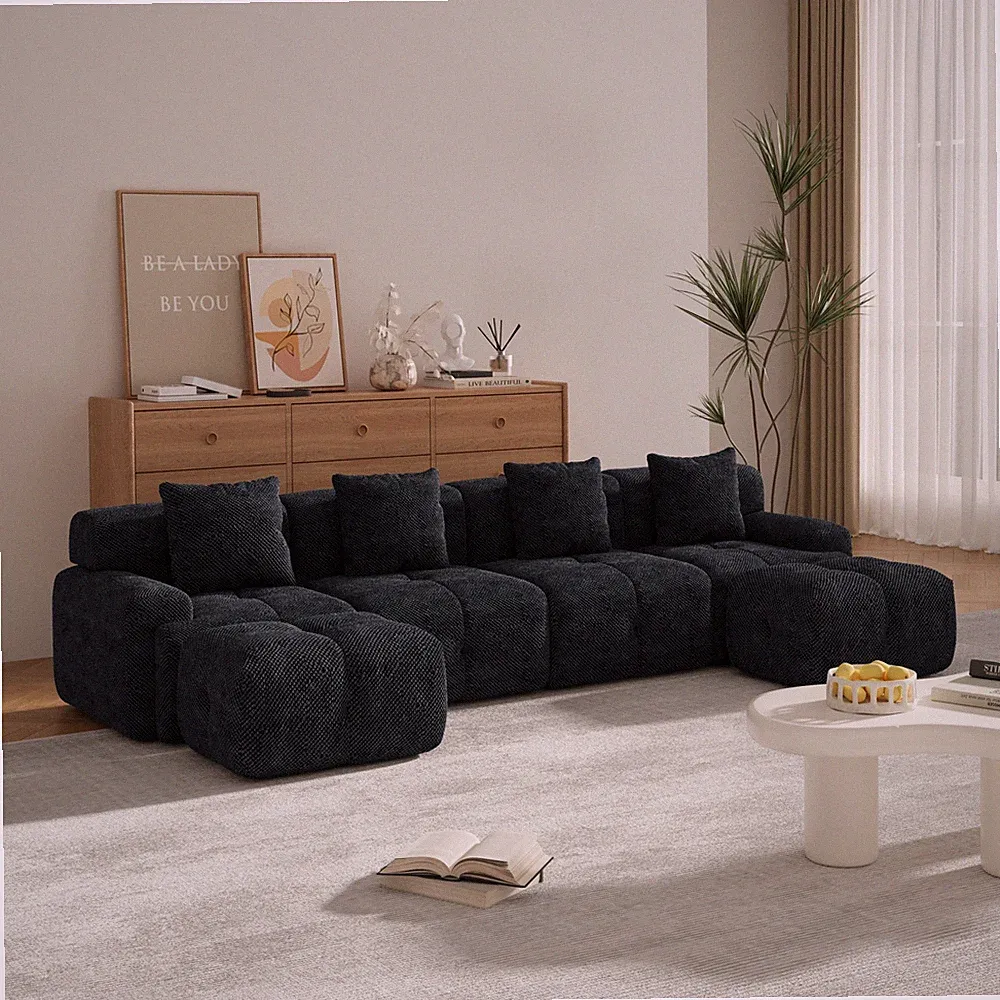 135.4" U-Shaped Modular Sleeper Sectional Sofa Bed with 2 Ottomans, Charcoal