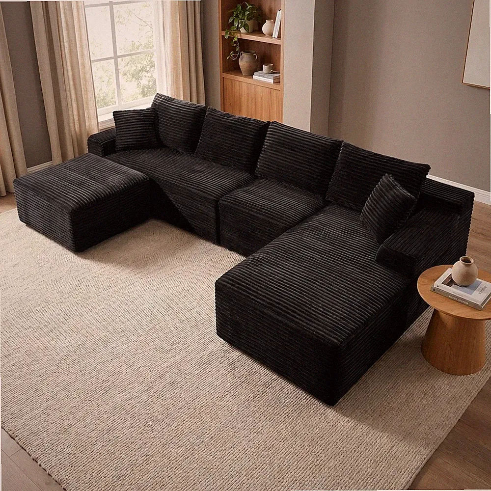 135.4" U-Shaped Sectional Sofa Corduroy Modular Right Facing Chaise with Ottoman