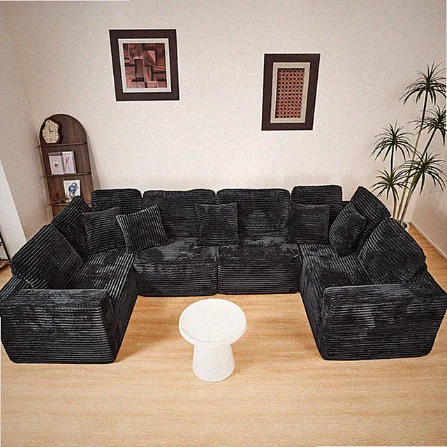 135.5" Modular U-Shaped Sectional Sofa, 6-Seater, Black Corduroy