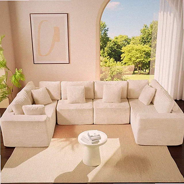 135" Beige Corduroy U-Shaped Modular Sofa 6-Seat Reversible Chaise Easy Assembly