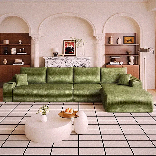 135" Boneless Couch Cloud Sectional L Shaped Sofa with Right/Left Chaise Green
