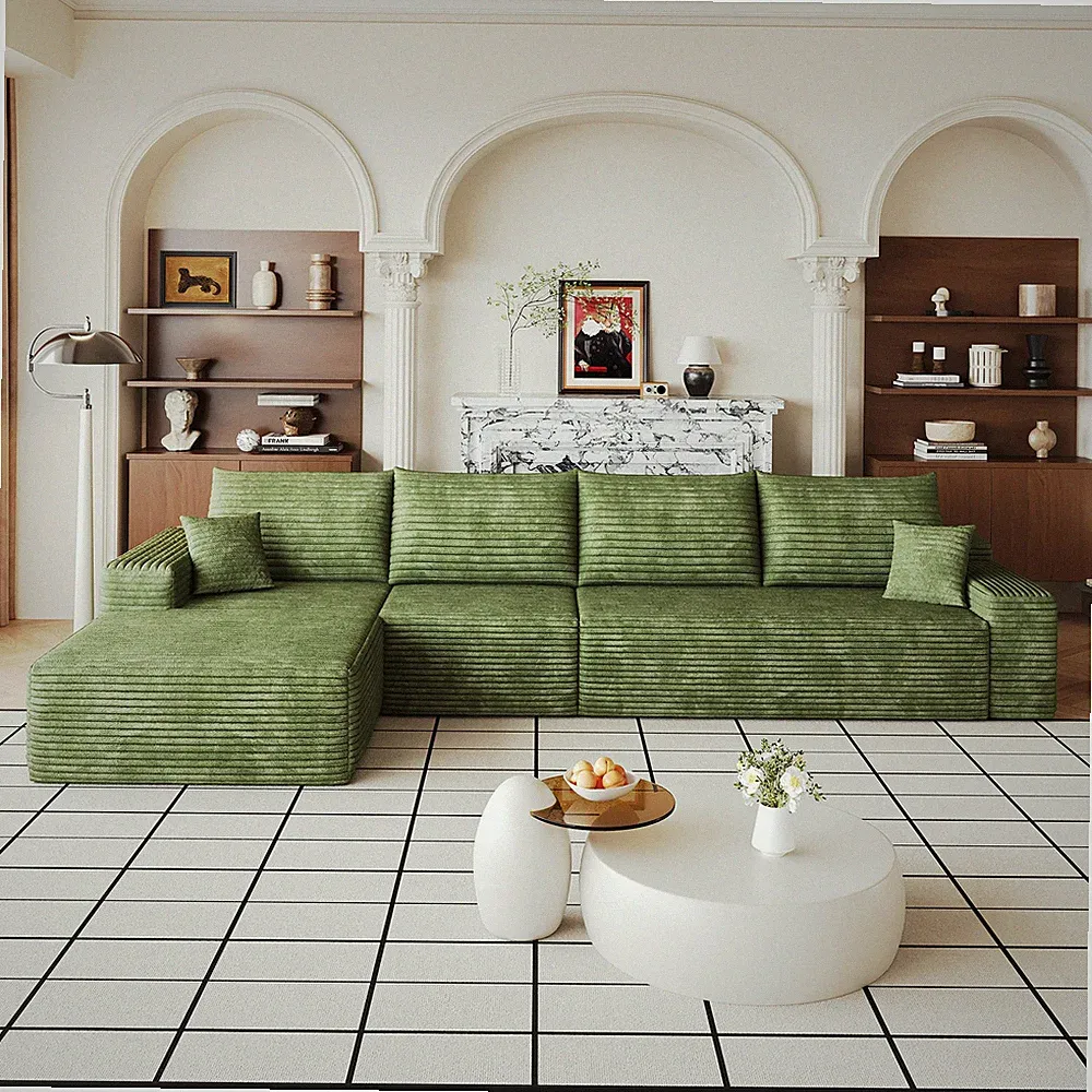 135" Boneless Couch Cloud Sectional L Shaped Sofa with Right/Left Chaise Green