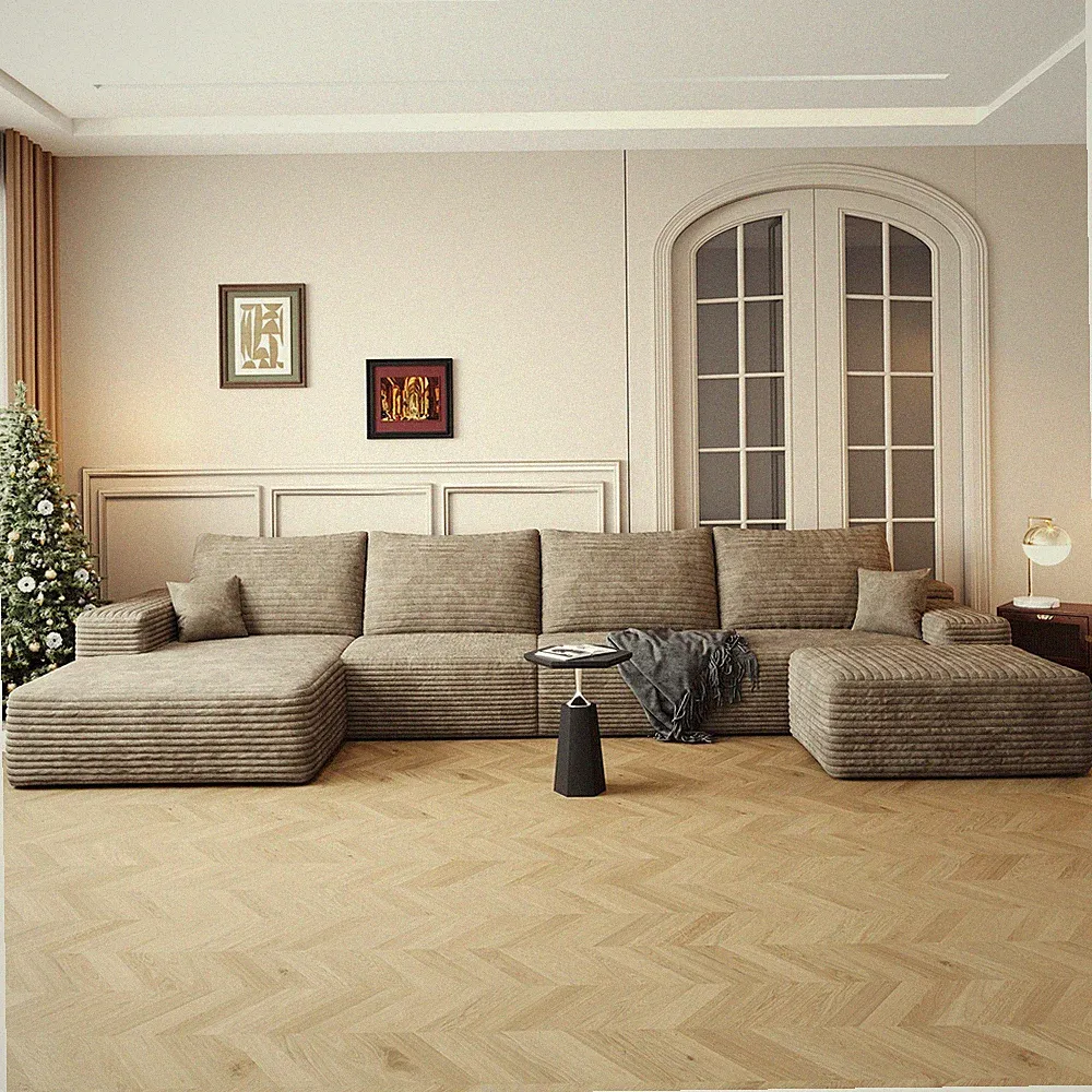 135" Boneless Couch Sectional Cloud Sofa Corduroy U Shaped Sofa Chaise w/Ottoman