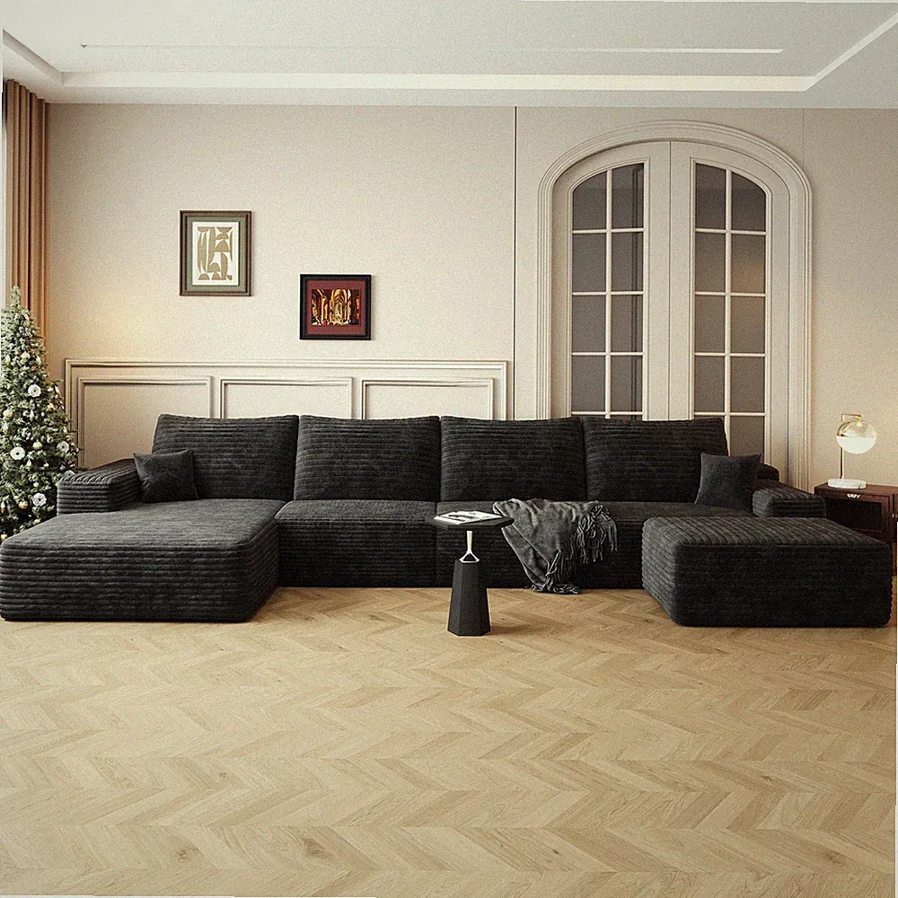 135" Boneless Couch Sectional Cloud Sofa Corduroy U Shaped Sofa Chaise w/Ottoman