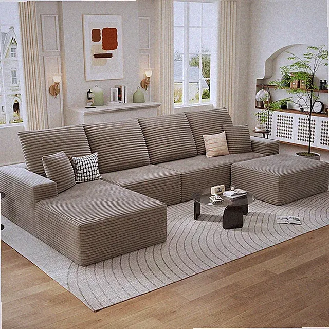 135" Cloud Sectional Couch with U-Shaped Chaise, Corduroy Sectional Sofa with Ot