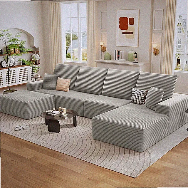 135" Cloud Sectional Couch with U-Shaped Chaise, Corduroy Sectional Sofa with Ot