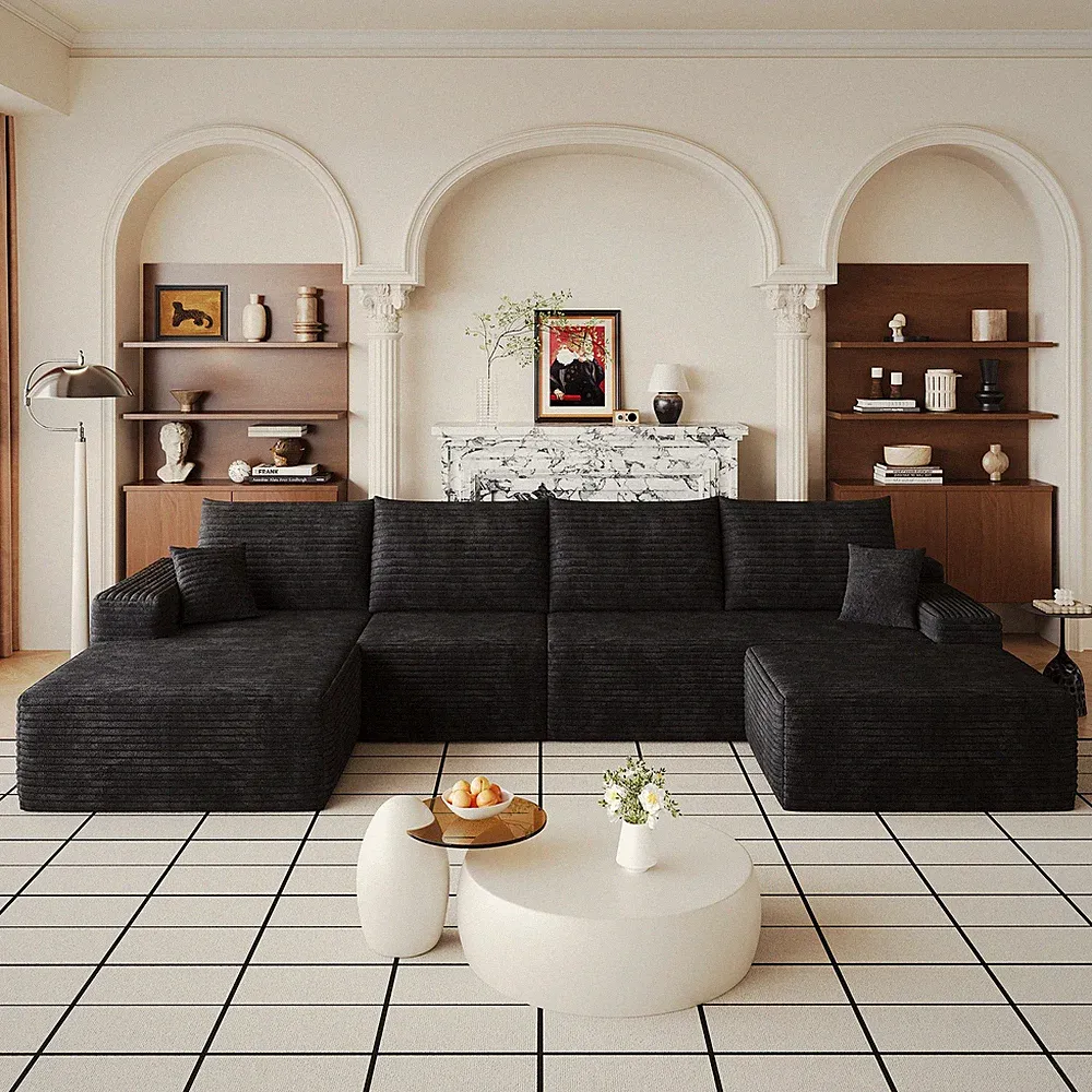 135" Cloud Sectional Sofa w/1 Ottoman,Modern Minimalist Upholstered Couches,Com