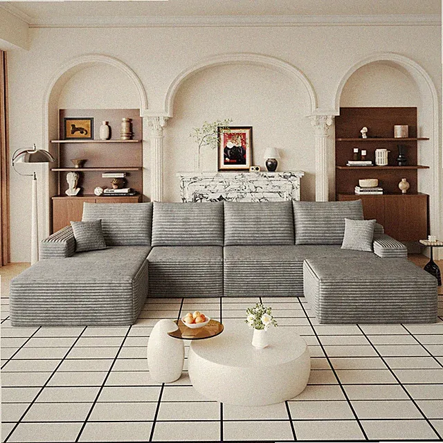 135" Cloud Sectional Sofa w/1 Ottoman,Modern Minimalist Upholstered Couches,Comf