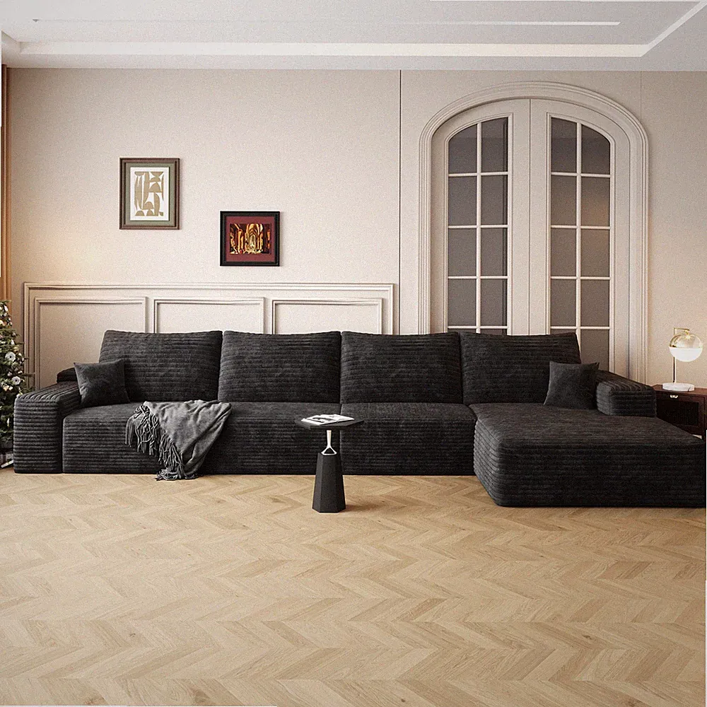 135" Cloud Sectional Sofa w/ L-Shape Chaise, Plush Corduroy, Black