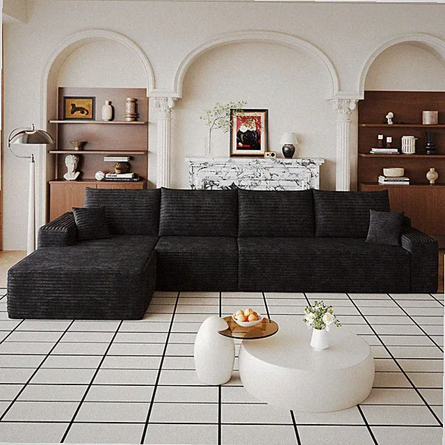 135" Cloud Sectional Sofa with L-Shape Chaise, Modular, Black Corduroy