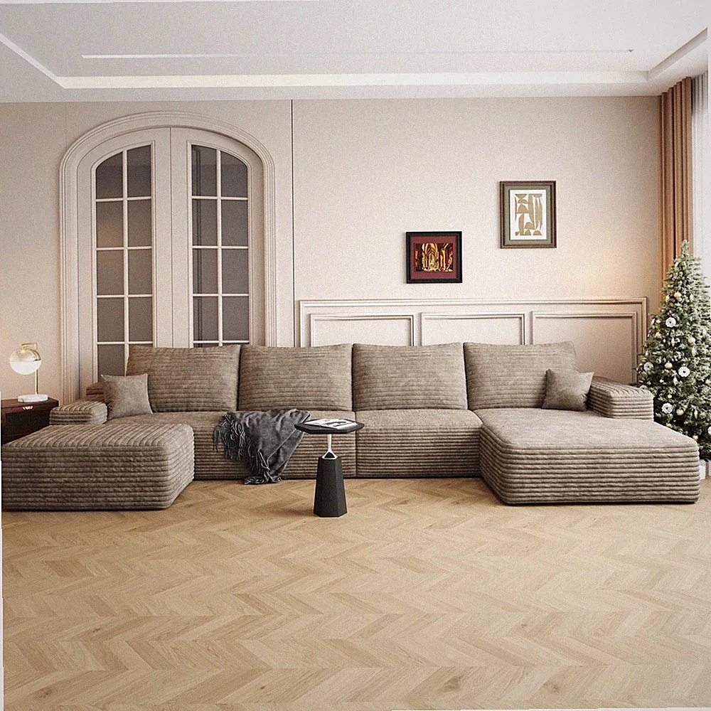 135" Cloud Sectional Sofa with Ottoman U-Shaped Modern Minimalist Corduroy