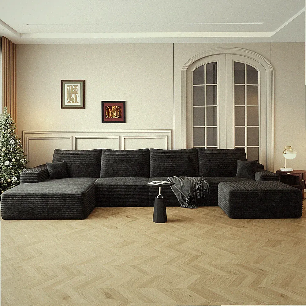 135" Cloud Sectional Sofa with Ottoman, U-Shaped, Plush Corduroy, Black