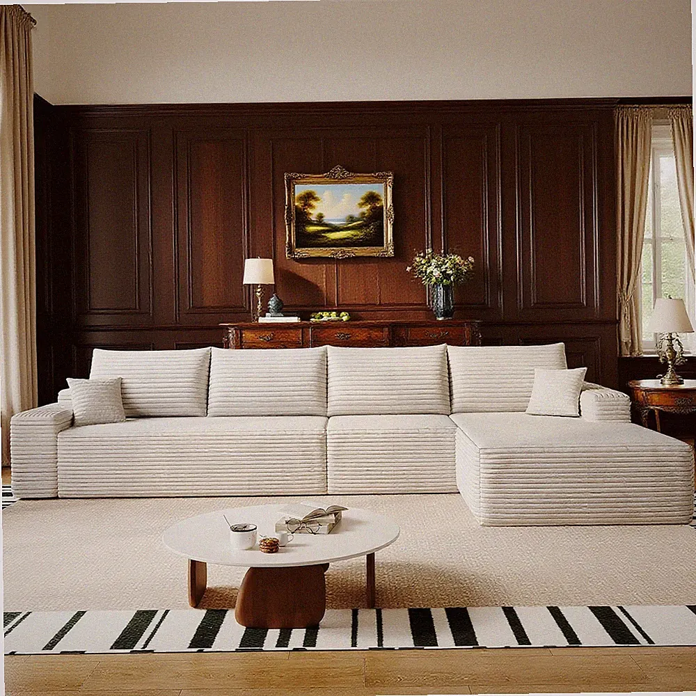 135"Cloud Sofa L Shaped Sectional Couch Corduroy Boneless sofa with Right Chaise