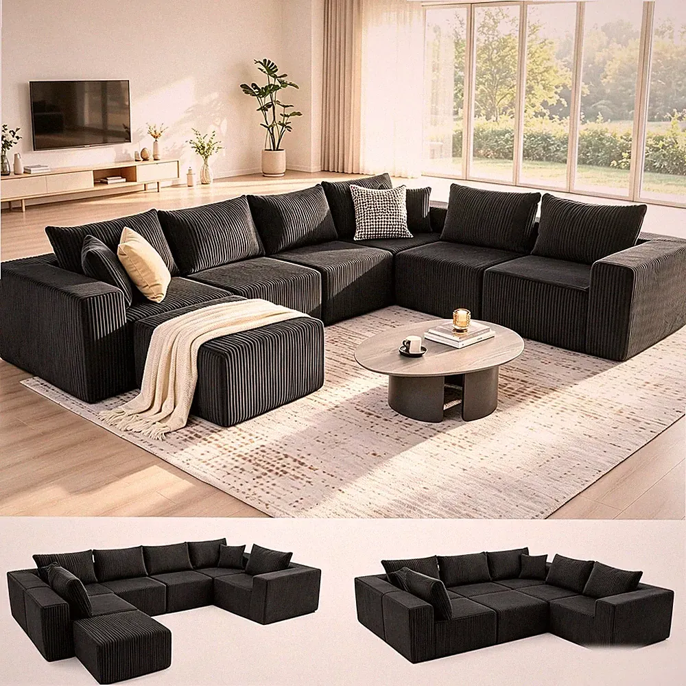 135" Convertible Boneless Couch, Sectional Couches for Living Room, Black