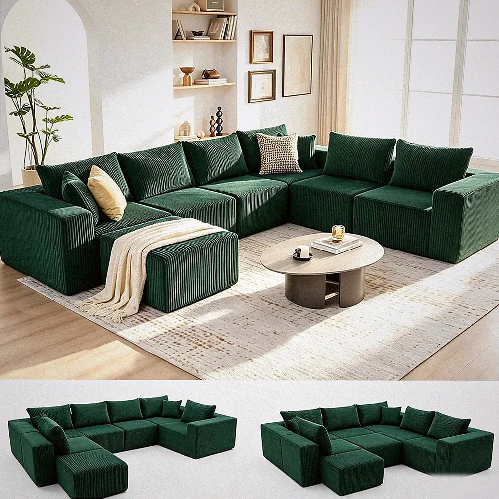 135" Convertible Boneless Couch, Sectional Couches for Living Room, Green