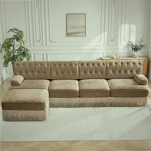 135-Inch L-Shaped Chesterfield Sectional Sofa with Tassel Skirt Camel
