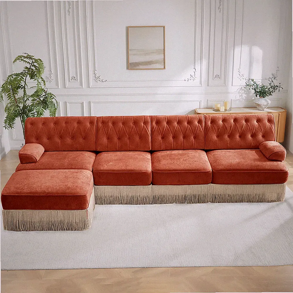 135-Inch L-Shaped Chesterfield Sectional Sofa with Tassel Skirt Red Brown
