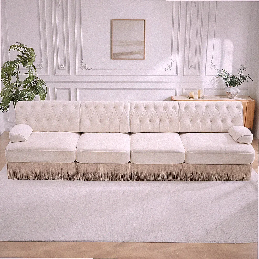 135-Inch Modular Sectional Chesterfield Sofa with Tassel Skirt Beige