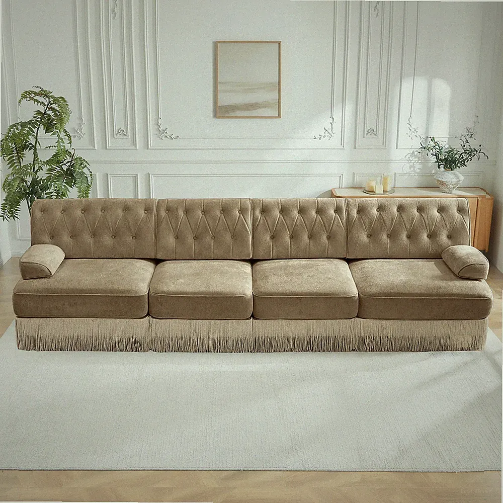 135-Inch Modular Sectional Chesterfield Sofa with Tassel Skirt Camel