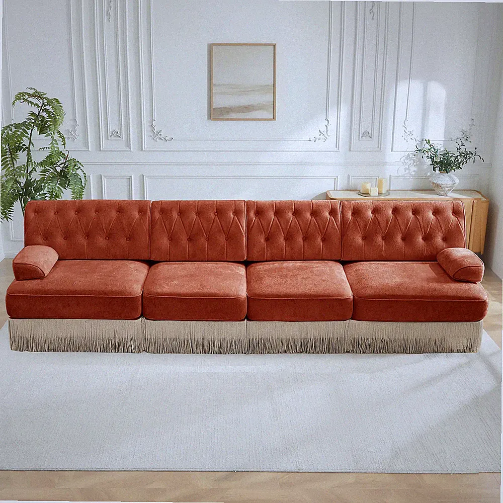 135-Inch Modular Sectional Chesterfield Sofa with Tassel Skirt Red Brown